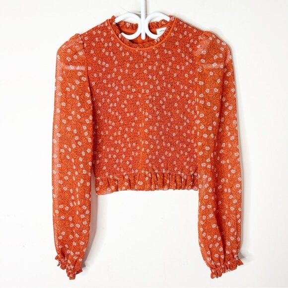 Aritzia Wilfred Lilith Blouse Cropped Smocked Floral Long sleeve Orange Size XS - Picture 6 of 16